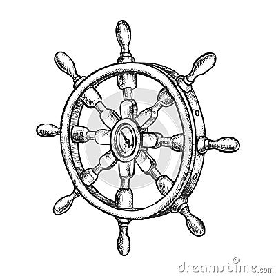 Sketch of vintage ship steering wheel, boat rudder Vector Illustration