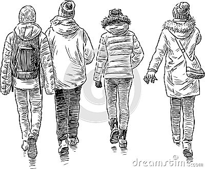 Sketch of the walking students Vector Illustration