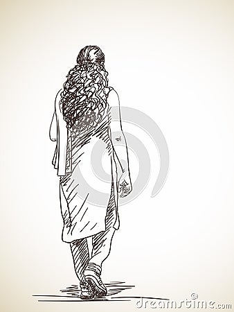 Sketch of walking woman in salwar kameez, Hand drawn Vector Illustration