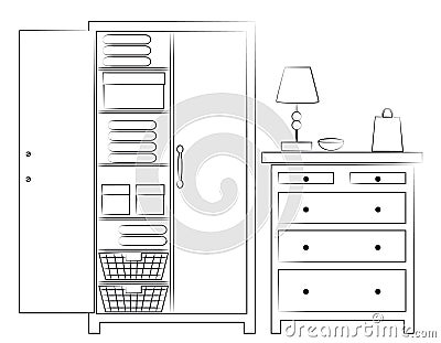 Sketch of wardrobe and chest of drawers Stock Photo