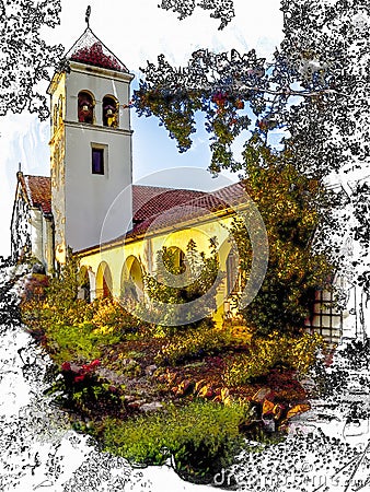 Sketch,watercolor, California mission style church with bell tower, arch & clay tile roof Stock Photo