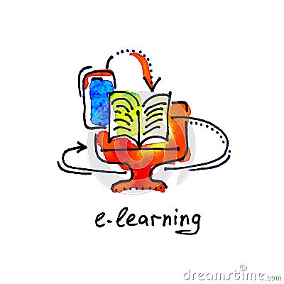 sketch watercolor icon of e-learning, distance education and onl Vector Illustration