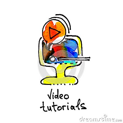 Sketch watercolor icon of video tutorials, distance education Vector Illustration