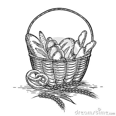 Sketch of wheat bakery basket Vector Illustration