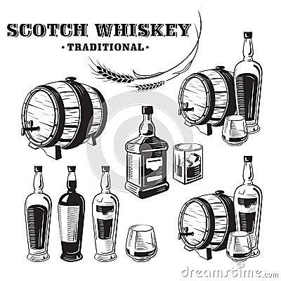 Sketch Whiskey Bottle and Glass and Barrel. Vector Illustration