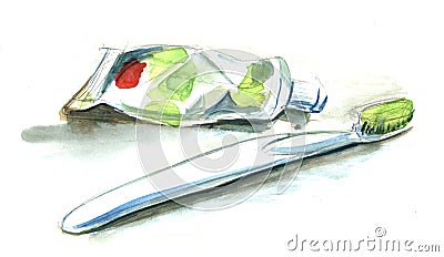 Sketch of White green toothbrush and tube of toothpaste. True w Cartoon Illustration