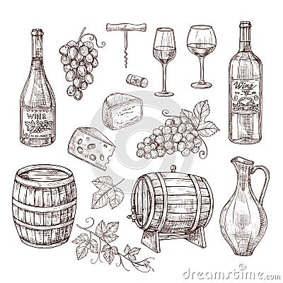 Sketch wine set. Grape, wine bottles and wineglass, barrel. Hand drawn vintage alcoholic beverages vector set Vector Illustration