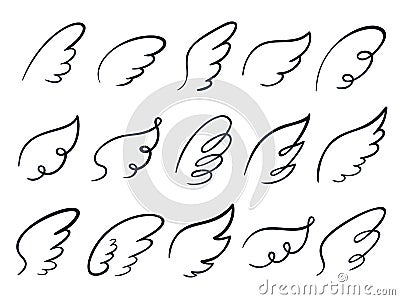 Sketch wings. Hand drawn wing, winged angel feather and wings spread cartoon doodle vector illustration icons set Vector Illustration