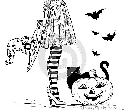 Sketch of Witch with wizard hat in hand in halloween costume, black cat and pumpkin. Black and white Vector Illustration