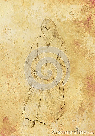 Sketch of woman in historical dress, writing quill pen. Old paper background. Stock Photo