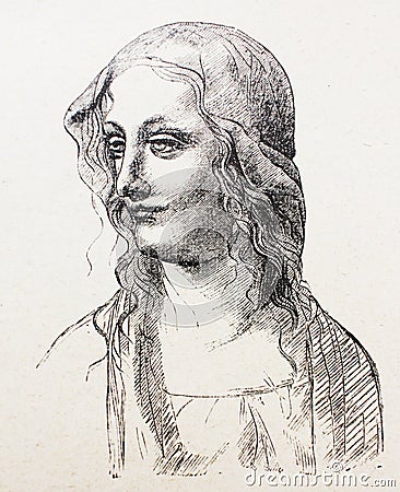 Sketch of woman by Leonardo da Vinci in the vintage book the History of Arts by Gnedych P.P., 1885 Stock Photo