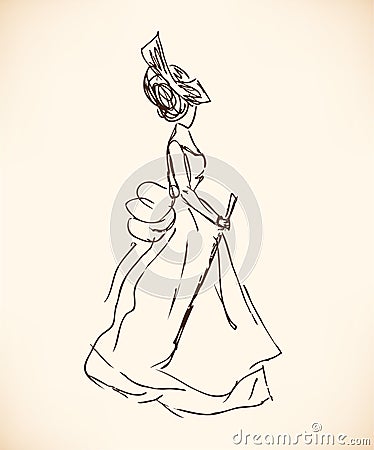 Sketch of woman in retro clothes. Lady in vintage dress. Hand drawn modern woman silhouette Vector Illustration