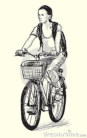 Sketch of a woman riding bicycle, free hand drawing illustration Cartoon Illustration