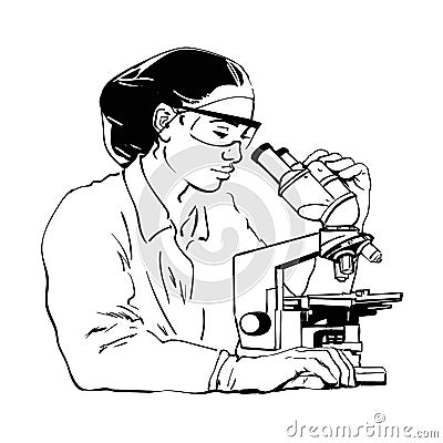 Woman scientist looking through microscope. Vector Vector Illustration