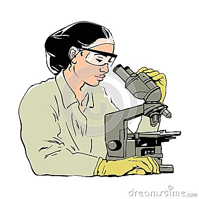 Sketch of woman scientist looking through microscope. Female laboratory assistant in protective glasses and rubber Vector Illustration