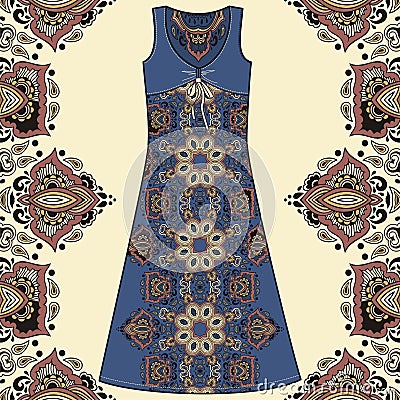 Sketch women's summer dress fabric cotton, silk, jersey with oriental paisley hand drawn floral geometric pattern. Vector Illustration