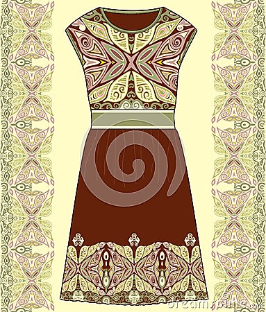 Sketch women's summer dress fabric cotton, silk, jersey with oriental paisley hand drawn floral geometric pattern. Vector Illustration