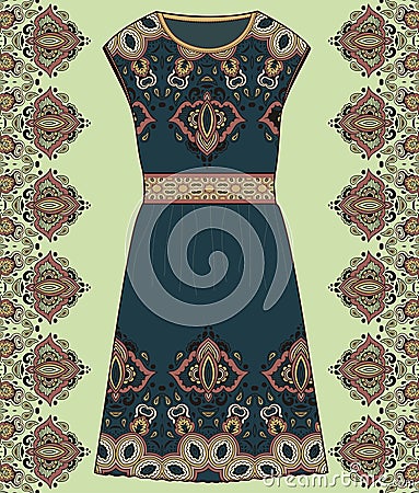 Sketch women's summer dress green and brown colors fabric cotton, silk, jersey with oriental paisley pattern. Fashion design and Vector Illustration