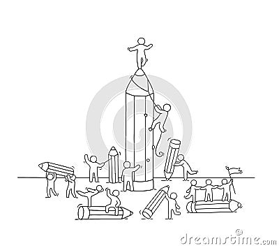 Sketch of working little people with many pencils. Vector Illustration
