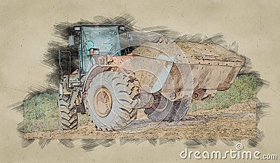 Sketch of yellow excavator on a construction site. wheel loader at sandpit during earthmoving works Stock Photo