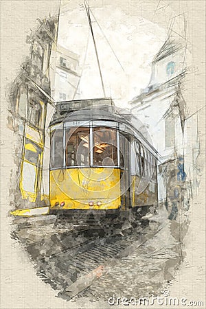 Sketch of Yellow tramway in Lisbon Stock Photo