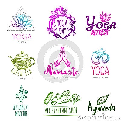 Sketch Yoga Logo Set Vector Illustration