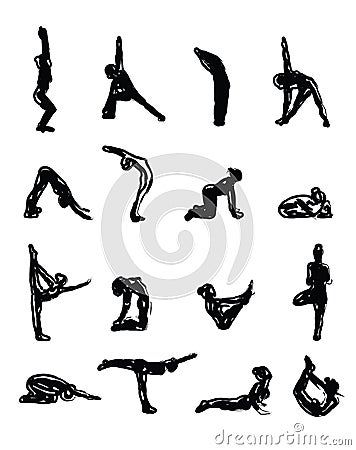 Sketch Yoga Silhouettes in Asanas Vector Illustration