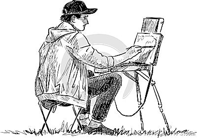 Sketch of young artist painting in open air Vector Illustration
