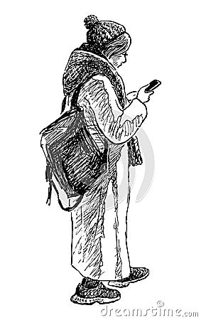 Sketch of young city woman standing outdoor and looking at smartphone Vector Illustration