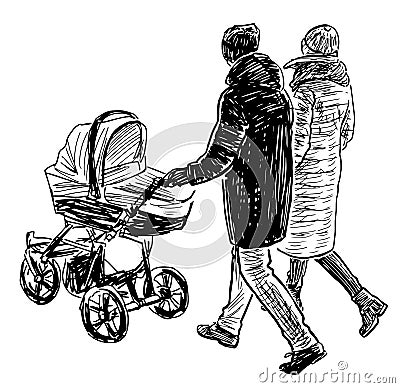 Sketch of young family casual townspeople with baby stroller walking outdoors together on winter day Vector Illustration