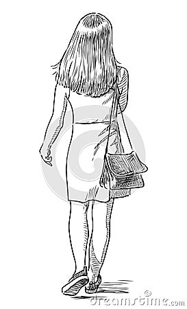 Sketch of teen girl going along street on summer day Vector Illustration