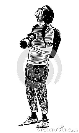 Sketch of young man with backpack and camera standing and looking up Vector Illustration