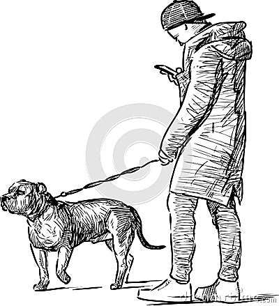 Sketch of a young man with a smartphone walking with his dog Vector Illustration