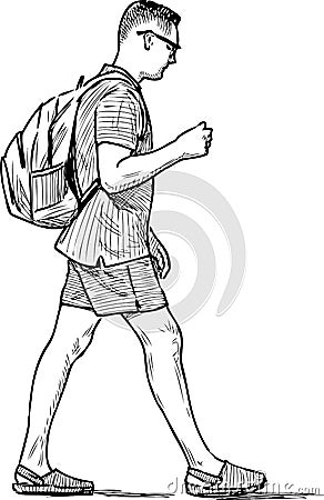 Sketch of man vacationer with backpack walking for stroll Vector Illustration