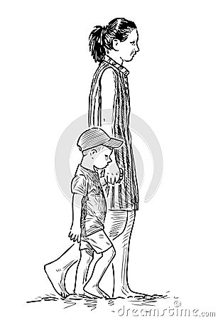 Sketch of young mother with her little son walking barefoot on coastline of sea beach Vector Illustration