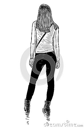 Sketch of young slim girl standing in wait Vector Illustration