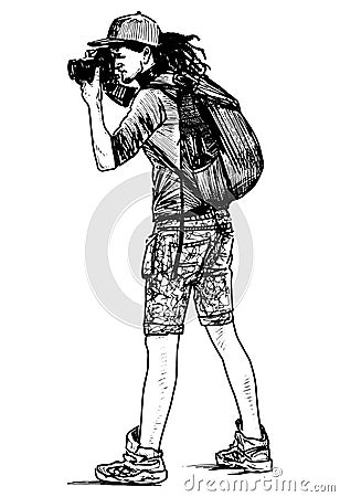 Sketch of young tourist man photographing on his camera Vector Illustration