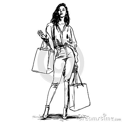 Sketch young woman holding paper bags, concept of discounts and sales. Vector Illustration