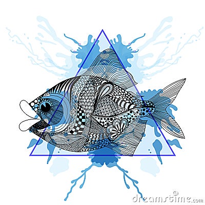 Sketch Zentangle Fish in triangle frame with watercolor ink dro Vector Illustration