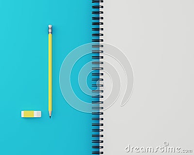 Sketchbook and yellow pastel pencil, Eraser on blue and white ba Stock Photo