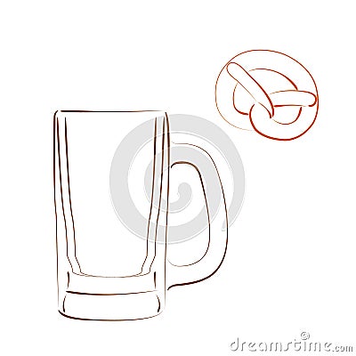 Sketched beer mug and bretzel. Vector Illustration