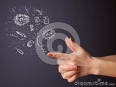 Sketched explosives coming out of gun shaped hands Stock Photo