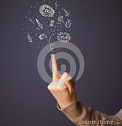 Sketched explosives coming out of gun shaped hands Stock Photo