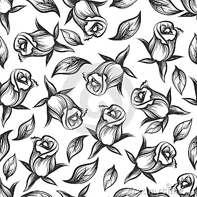 Sketched rose and leaves seamess pattern Vector Illustration