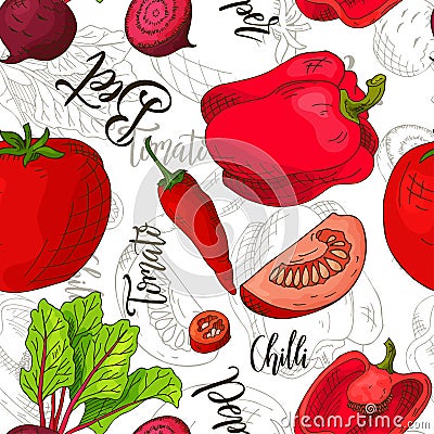 Sketched vegetables background. Vector seamless pattern with beet and chilli and tomato and pepper. Hand drawn Vector Illustration