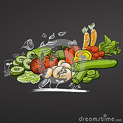 Sketched Vegetables on Chalkboard Vector Illustration