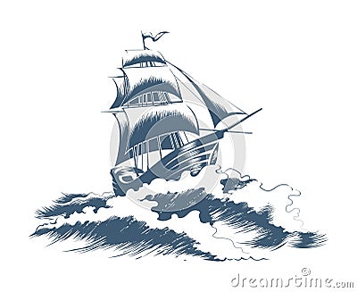 Sketched vintage sailing boat in storm Vector Illustration