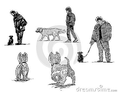 Sketches of dogs on walk with their owners Vector Illustration