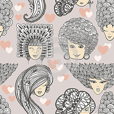 Sketches of girls with different hairstyles. Seamless pattern Vector Illustration