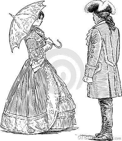 Sketches of lady and gentlemen in luxury historical costumes standing and talking Vector Illustration